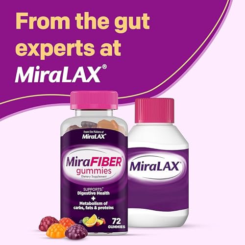 MiraLAX New MiraFIBER Gummies, 8g of Daily Prebiotic Fiber with B Vitamins to Support Digestive Health and Metabolism, Fruit Flavored Fiber Gummies, 72 Count, 18 Servings per Bottle