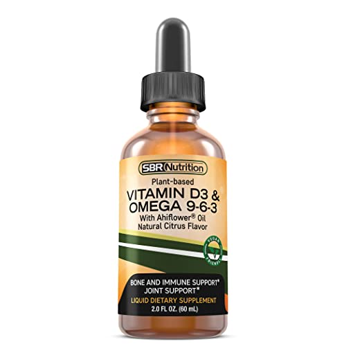 SBR Nutrition Plant-Based Vitamin D3 and Omega 3-6-9 Liquid Dietary Supplement with Ahiflower Oil, Bone, Immune, Inflammation Support, Natural Orange Citrus Flavor, 2oz (60mL), 30 Servings