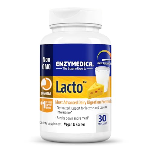 Enzymedica Lacto, Maximum Strength Formula for Dairy Intolerance, With Enzymes Lactase and Protease, Relieves Digestive Discomfort, 30 capsules (30 servings)