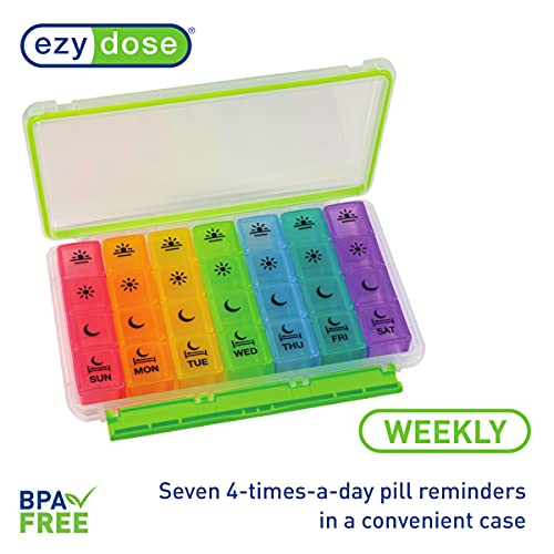 Ezy Dose Weekly (7-Day) Pill Organizer, Vitamin and Medicine Box, X-Large Pop-Out Compartments, 4 Times a Day, Rainbow Lids with Case - Multicolor