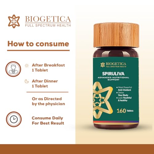 Biogetica Organic Spirulina Pills with Astaxanthin - Non-GMO, Rich in Vegan Protein, Vitamins & Prebiotics - 100% Vegan Ayurveda Supplement - 160 Tablets