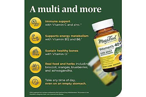 MegaFood Women's 40+ One Daily Multivitamin for Women with Vitamin B12, Vitamin B6, Vitamin C, Vitamin D, Zinc & Iron – Plus Real Food - Immune Support - Bone Health - Non-GMO - Vegetarian - 60 Tabs