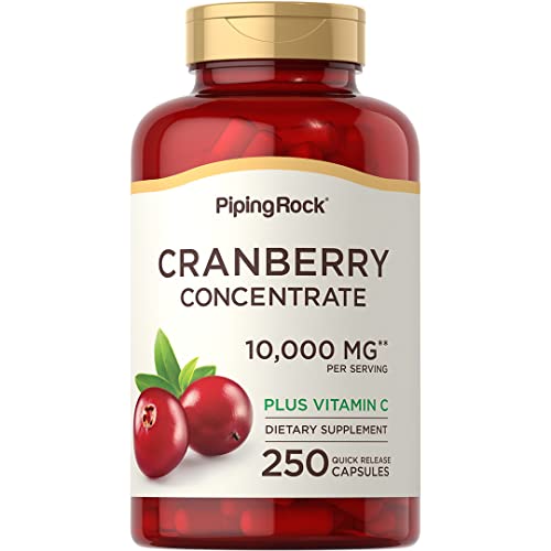 Piping Rock Cranberry Pills for Women | 10,000 mg | 250 Capsules | Concentrate Extract Plus Vitamin C | Non-GMO, Gluten Free Supplement