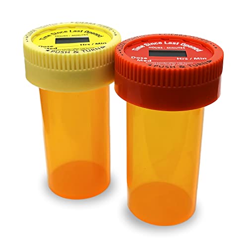 TimerCap Automatically Displays Time Since Last Opened - Built-in Stopwatch Smart Pill Bottle Cap Medication Reminder Case (Qty 2-1.8 oz Amber Bottles) CRC