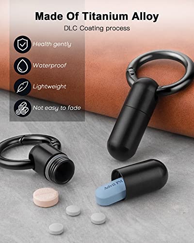 Tiny Keychain Pill Holder.TISUR Titanium Pill Case Waterproof Pill Fob for Travel Purse Pocket,Mini Pill Organizer Black