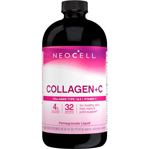 NeoCell Collagen Peptides + Vitamin C Liquid, 4g Collagen Per Serving, Gluten Free, Types 1 & 3, Promotes Healthy Skin, Hair, Nails & Joint Support, Pomegranate, 16 Oz