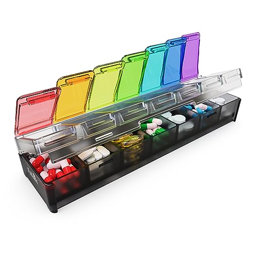 Fullicon Weekly Pill Organizer 7 Day Quick Fill & Spill Proof Designed Large Pill Box with Free Labels Travel Medicine Organizer for Medicine, Vitamin, Fish Oil, Supplement (Rainbow Black Patet)