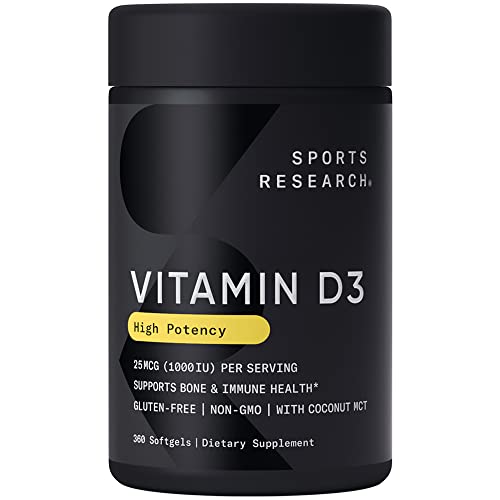 Sports Research Vitamin D3 1000 IU with Coconut MCT Oil - High Potency Vitamin D Supplement for Immune & Bone Support - Non-GMO Verified, Gluten & Soy Free – 25mcg, 360 Liquid Softgels