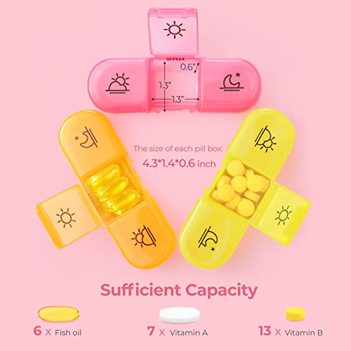 Cute Pill Organizer 3 Times a Day, AMOOS Large Daily Pill Case for Women, Portable Pill Box 7 Day for Purse with Bag & Zipper to Hold Vitamins, Medications, Fish Oils, Supplements (Pink)