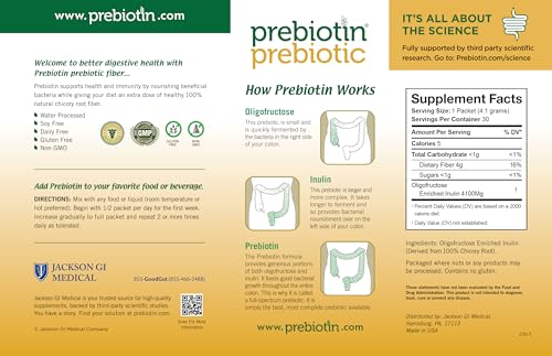 Prebiotin Prebiotic Dietary Supplement Fiber Powder - 4.1 Gram Stick Packs – 30 count - Formulated to Support Digestive Health - Balances Gut Microbiome, Boosts Your Own Probiotics & Enhances Immunity