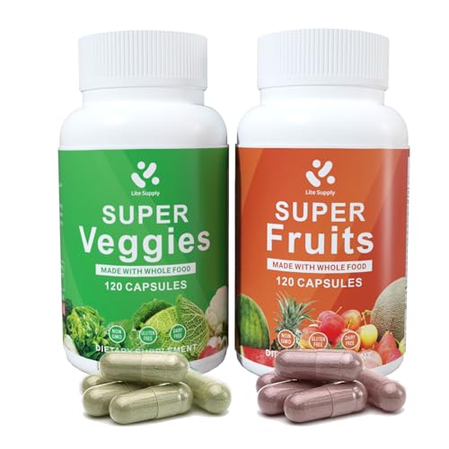 Lite Supply Fruits and Veggies Supplement 240 Caps - 120 Fruit and 120 Veggie Capsules - Whole Food & Natural Superfood Filled with Vitamins & Minerals for Women, Men & Kids Supports Energy Levels