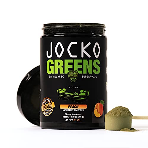 Jocko Fuel Greens Powder (Peach Flavor) - Organic Greens & Superfood Powder for Healthy Green Juice - Keto Friendly with Spirulina, Chlorella, Digestive Enzymes, & Probiotics - 30 Servings