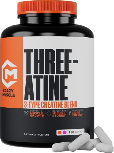 Creatine Capsules - 5g of Premium 3X ThreeAtine Pre Workout Bulk Muscle Mass Gainer - High Absorption Easy-to-Take Creatine Monohydrate Capsules Optimum Performance for Men Women - 180 Capsules