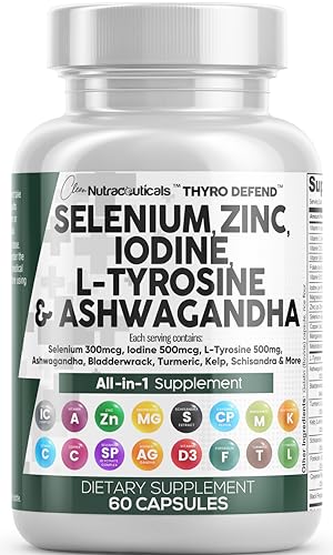 Selenium 300mcg Zinc 50mg Iodine 500mcg L Tyrosine 500mg Ashwagandha 6000mg - Thyroid Support Supplement for Women and Men with Bladderwrack, Turmeric, Kelp, Schisandra - 60 Capsules