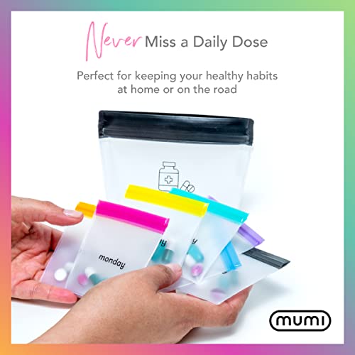 mumi Pill Pouch Set, 7 Mini Zip Pill Organizers, Large Reusable Travel Pill Container, Color-Coded Medicine Bags, Organize Pills & Small Items