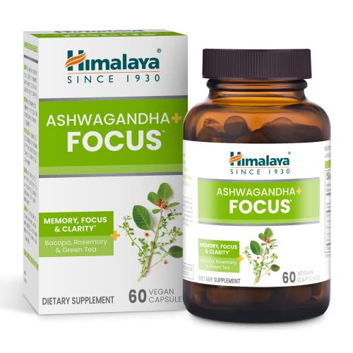 Himalaya Ashwagandha+ Focus with Ashwagandha, Bacopa, Rosemary & Green Tea for Memory, Focus and Clarity, 60 Capsules, 1 Month Supply, Vegan, Gluten Free