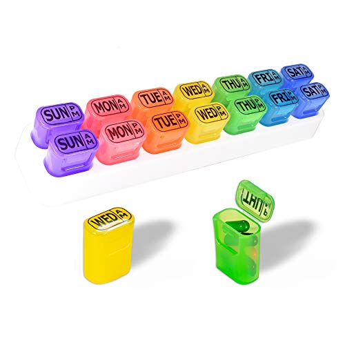 GMS 7 Day AM/PM Pill Reminder - Weekly Pill Organizer 7 Days 2 Times a Day - Pop Out Pill Pods for Medication Management (Rainbow)