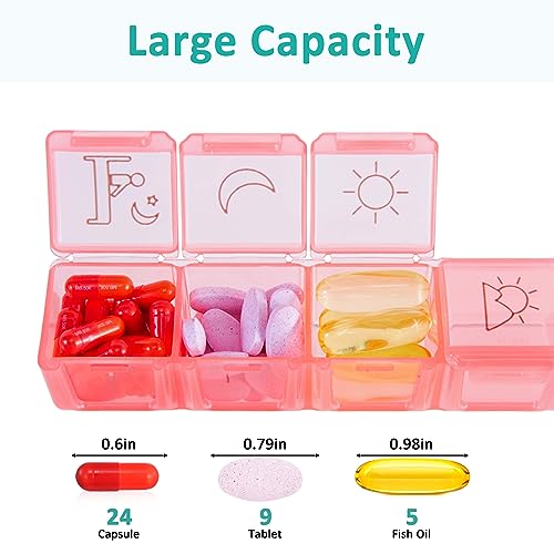 Fullicon Weekly Pill Organizer 4 Times a Day, Pill Box 7 Day for Travel, Moisture-Proof Daily Pill Box Organizer, Large Pill Case for Medicine, Vitamin, Fish Oil, and Supplement (Clear and Green)