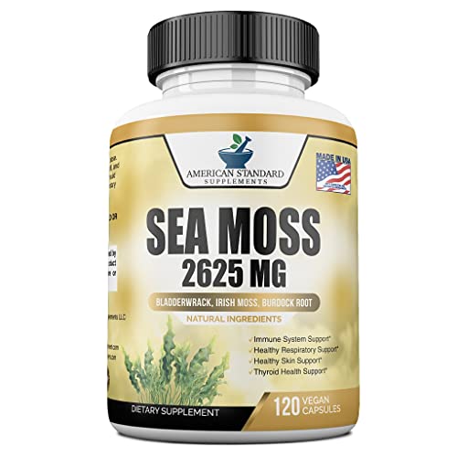 Organic Sea Moss 2625mg, Seamoss, Hand Harvested, Irish Moss Bladderwrack and Burdock Root, Sea Moss Capsules, Irish Sea Moss Alternative To Sea Moss Powder, Sea Moss Gel, 120 Vegan Capsules