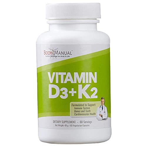 Body Manual Vitamin D3 (5,000 IU) + K2 (as MK-7 160 mcg) | GMO, Gluten & Dairy Free | Supports Immune and Cardiovascular Health, Brain Function, Bones, and Teeth | Easy to Swallow Capsules (60)