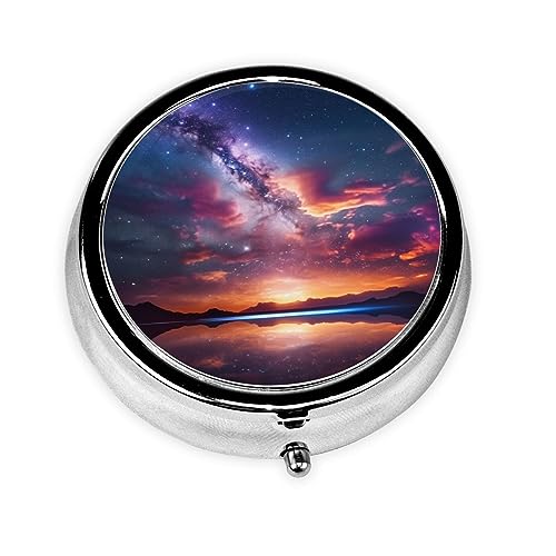 Round Pill Box Color Night Sky Cute Small Pill Case 3 Compartment Pillbox for Purse Pocket Portable Pill Container Holder to Hold Vitamins Medication Fish Oil and Supplements