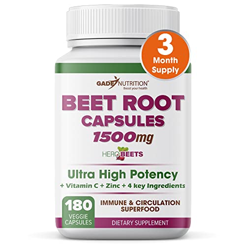 Beet Root Capsules 1500mg - Organic Beet Root Powder + Vitamin C Zinc, Elderberry, Pomegranate, Grape Seed Extract - Nitric Oxide Supplement, Supports for Healthy Circulation* -Vegan - 3 Months Supply