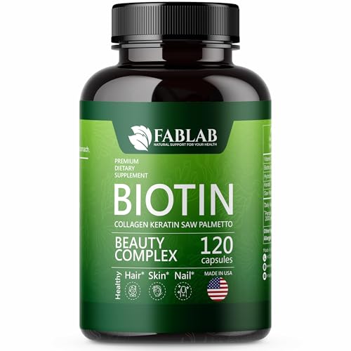 FabLab Biotin Vitamins with Collagen, Keratin & Saw Palmetto for Women and Men - Biotin 10000 mcg Hair Skin Nails Supplement for Hair, Skin, and Nails Wellness - Made in USA, 120 Capsules