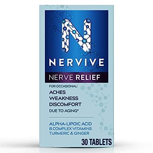 Nervive Nerve Relief, with Alpha Lipoic Acid, to Help Reduce Nerve Aches, Weakness, & Discomfort in Fingers, Hands, Toes, & Feet*, ALA, Vitamins B12, B6, & B1, Turmeric, Ginger, 30 Daily Tablets