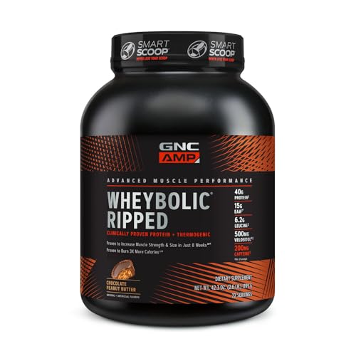 GNC AMP Wheybolic Ripped | Targeted Muscle Building and Workout Support Formula | Pure Whey Protein Powder Isolate with BCAA | Gluten Free | 22 Servings | Chocolate Peanut Butter