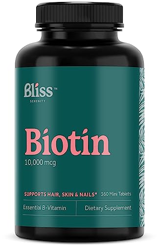 Bliss Serenity Biotin 10000mcg - Max Strength Biotin Supplement - Hair Skin and Nails Vitamins for Women & Men, Hair Growth Vitamins & Energy Production, Kosher, Non-GMO, 360 Mini Tablets