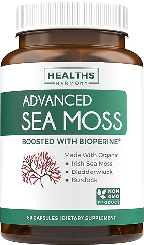 Irish Sea Moss Capsules (Non-GMO) Organic Irish Seamoss, Bladderwrack & Burdock, with BioPerine Black Pepper Extract for Extra Absorption - Raw Vegan Supplement - 60 Capsules (No Pills or Gel)