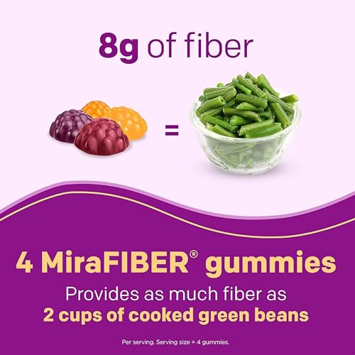 MiraLAX New MiraFIBER Gummies, 8g of Daily Prebiotic Fiber with B Vitamins to Support Digestive Health and Metabolism, Fruit Flavored Fiber Gummies, 72 Count, 18 Servings per Bottle