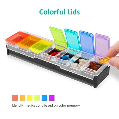 Fullicon Weekly Pill Organizer 7 Day Quick Fill & Spill Proof Designed Large Pill Box with Free Labels Travel Medicine Organizer for Medicine, Vitamin, Fish Oil, Supplement (Rainbow Black Patet)