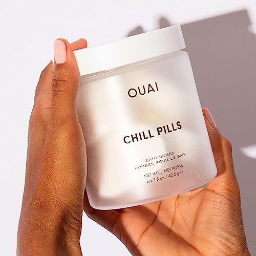 OUAI Chill Pills - Bath Bombs Scented with Jasmine and Rose - Safflower, Hemp Seed & Jojoba Oil to Improve Texture, Calm & Moisturize Dry Skin - Includes 6 Relaxing Bath Bombs (1.5 Oz Each)