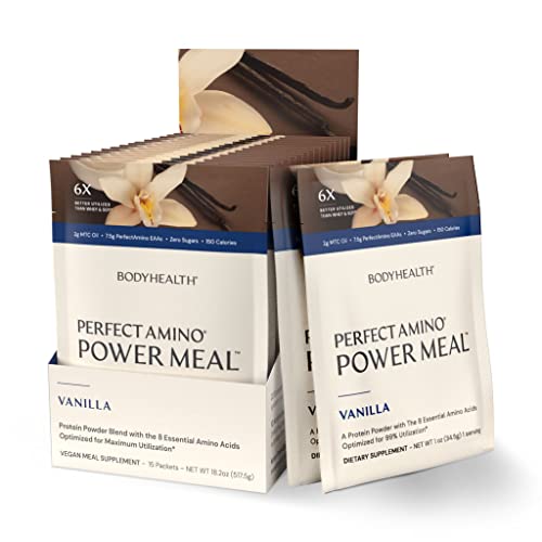 BodyHealth PerfectAmino Power Meal (Natural Vanilla Flavor) Vegan Meal Replacement Shake, Non Dairy Protein Powder, Plant Based Meal Replacement, Organic Meal Replacement, 15 Packets and 12.5g Protein, MCT Oil