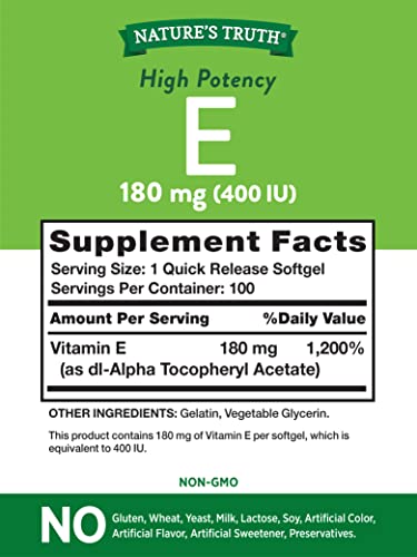 Nature's Truth Vitamin E Capsules | 400 IU | 100 Softgels | Non-GMO & Gluten Free Supplement