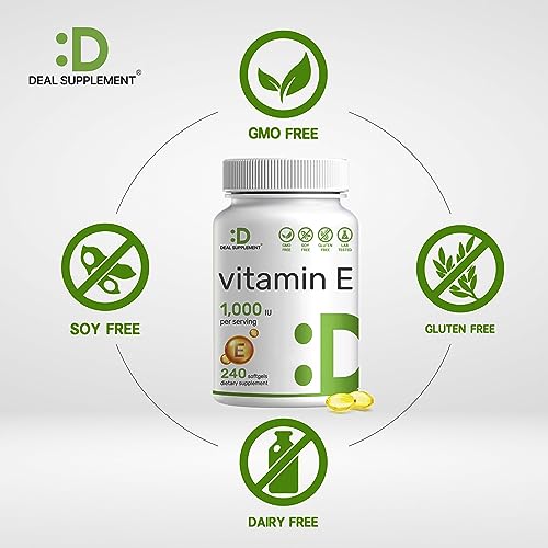 DEAL SUPPLEMENT Vitamin E Supplements, 1,000 IU Per Serving, 240 Softgels – Extra Strength Antioxidant Protection – Bioavailable Stable Form – Skin, Heart, Brain, & Immune Support – Non-GMO