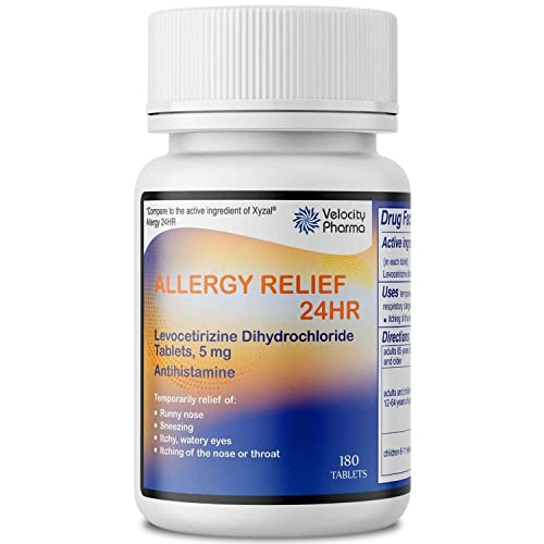 Velocity Pharma Levocetirizine Dihydrochloride 5mg USP Tablets, 24 Hour Allergy Relief Non-Drowsy Antihistamine, 180 Count