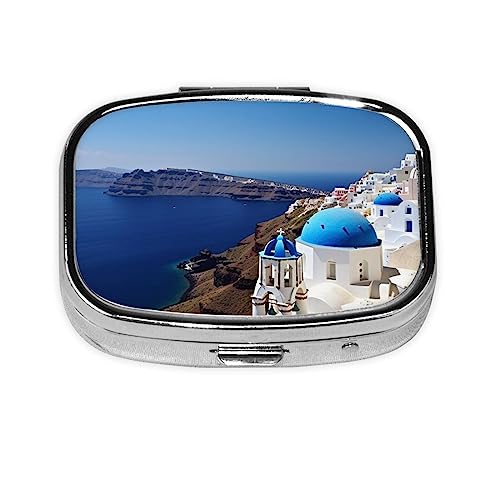 Santorini Greek Island sea View Pill Box Metal Pill Organizer Case Portable Pill Box for Pocket or Purse Decorative Medicine Organizer Vitamin Container