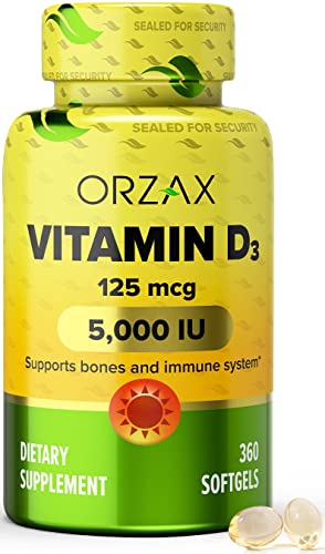 ORZAX Vitamin D3 5000 iu (125 mcg) - 1 Year Supply for Strong Muscle Function & Immune Support - Mood Supplement for Wellness (360 Softgel)