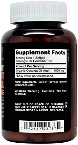 Clinical Daily Organic Coconut MCT Oil Capsules Supplement- Pure Extra Virgin Oil, Cold Pressed- Hair, Skin, Nails Vitamin Pills, Support Keto Diet for Weight- 120 Lauric & Caprylic Acid Softgels