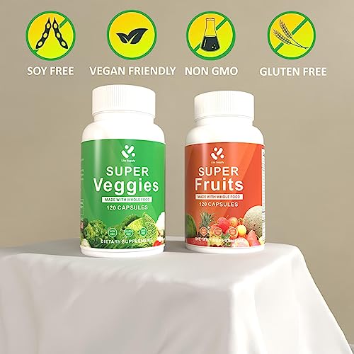 Lite Supply Fruits and Veggies Supplement 240 Caps - 120 Fruit and 120 Veggie Capsules - Whole Food & Natural Superfood Filled with Vitamins & Minerals for Women, Men & Kids Supports Energy Levels