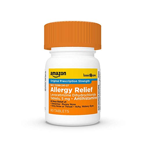 Amazon Basic Care 24 Hour Allergy Relief, Levocetirizine Dihydrochloride Tablets, 5 mg, Antihistamine, Relieves Sneezing, Runny Nose, Itchy Nose or Throat and Itchy, Watery Eyes, 80 Count