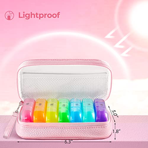 Cute Pill Organizer 3 Times a Day, AMOOS Large Daily Pill Case for Women, Portable Pill Box 7 Day for Purse with Bag & Zipper to Hold Vitamins, Medications, Fish Oils, Supplements (Pink)