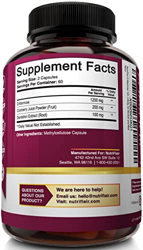 NutriFlair D-Mannose 1200mg, 120 Capsules - with Cranberry and Dandelion Extract - Natural Urinary Tract Health UTI Support - Best D Mannose Powder - Flush Impurities, Detox Body, for Women and Men