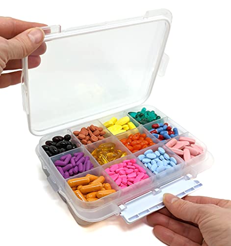 12 Compartment Large Pill Case with Airtight Seal - Silicone Gasket Waterproof Med Box with Medication Map (12 Compartment, 1 Pack)