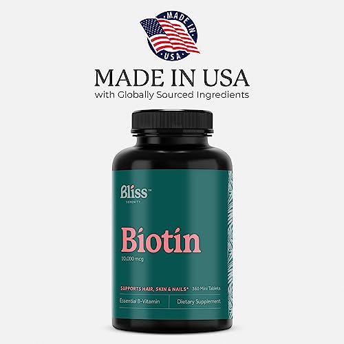 Bliss Serenity Biotin 10000mcg - Max Strength Biotin Supplement - Hair Skin and Nails Vitamins for Women & Men, Hair Growth Vitamins & Energy Production, Kosher, Non-GMO, 360 Mini Tablets