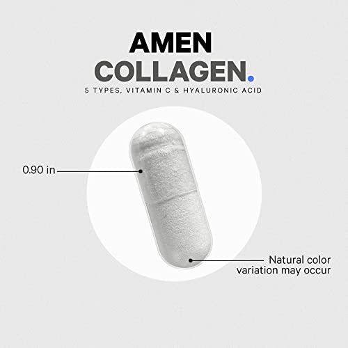 Amen Multi Collagen Peptides Capsules with Hyaluronic Acid and Vitamin C - 5 Types of Collagen Protein Type I, II, III, V, X - Grass Fed - Hydrolyzed - Amino Acids - Collagen Supplement - 90 Pills