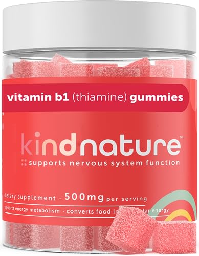 Kind Nature Vitamin B1 Gummies - Chewable Thiamine 500mg per Serving - Formulated for B1 Vitamin Deficiency - Non GMO, Vegan, Natural Strawberry Flavor Thiamine B1 Supplement for Adults & Kids