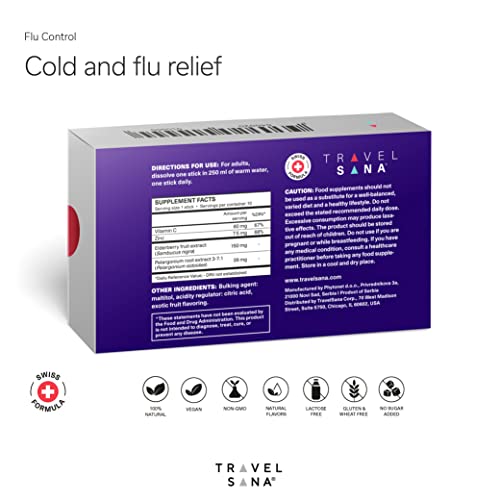 TRAVELSANA Flu Control – Contributes to the Normal Function of the Immune System when Traveling – Natural Dietary Supplement with Elderberry and Pelargonium extracts – Fast-Acting – 10 Single Servings